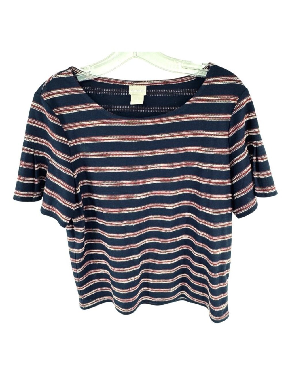 Chicos Navy Striped Short Sleeve Knit Top Womens Size 1